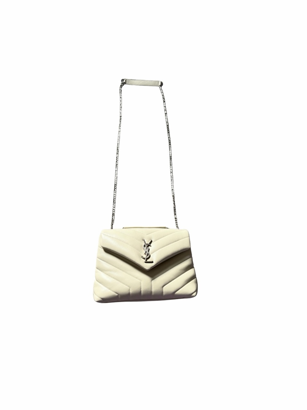YSL Lou Lou-  Cream/ Off White Quilted Leather Crossbody with Silver Chain